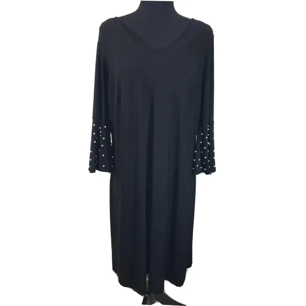 Women's Roz & Ali 1X Black Pearl Embellished Flutter Sl. Open Back Midi Dress - Picture 1 of 6